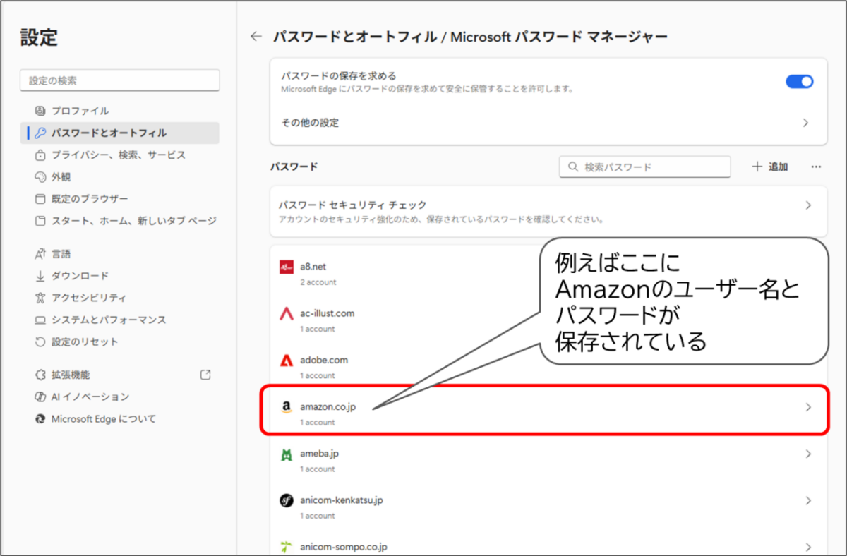 パスワードとオートフィル Microsoftパスワードマネージャーamazon.co.jpの項目 例えばここにAmazonのユーザー名とパスワードがホ損されている
