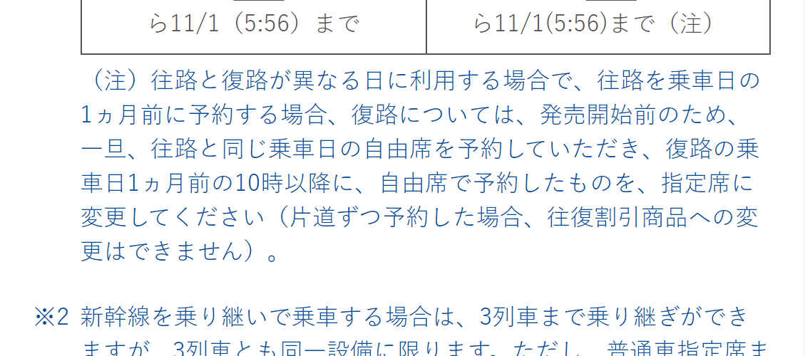 (注)往路と復路が異なる日に利用する場合で、往路を乗車日の1ヵ月前に予約する場合、復路については、発売開始前のため、一旦、往路と同じ乗車日の自由席を予約していただき、復路の乗車日1ヵ月前の10時以降に、自由席で予約したものを、指定席に変更してください(片道ずつ予約した場合、往復割引商品への変更はできません)。