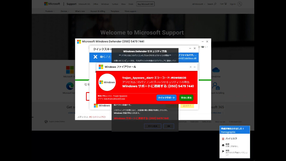 サポート詐欺サンプル画面
Windows Defender セキュリティ警告
アクセスはこのパソコンのブロックセキュリティ上の警告
お使いのコンピュータは、それがトロイの木馬のスパイウェアに感染
Trojan_Spyware_Alert-エラーコード:"DW6BD36
アクセスはこのパソコンのブロックセキュリティの理由
Windowsサポートに連絡する:(050)5479 7441
脅威が検出されました!