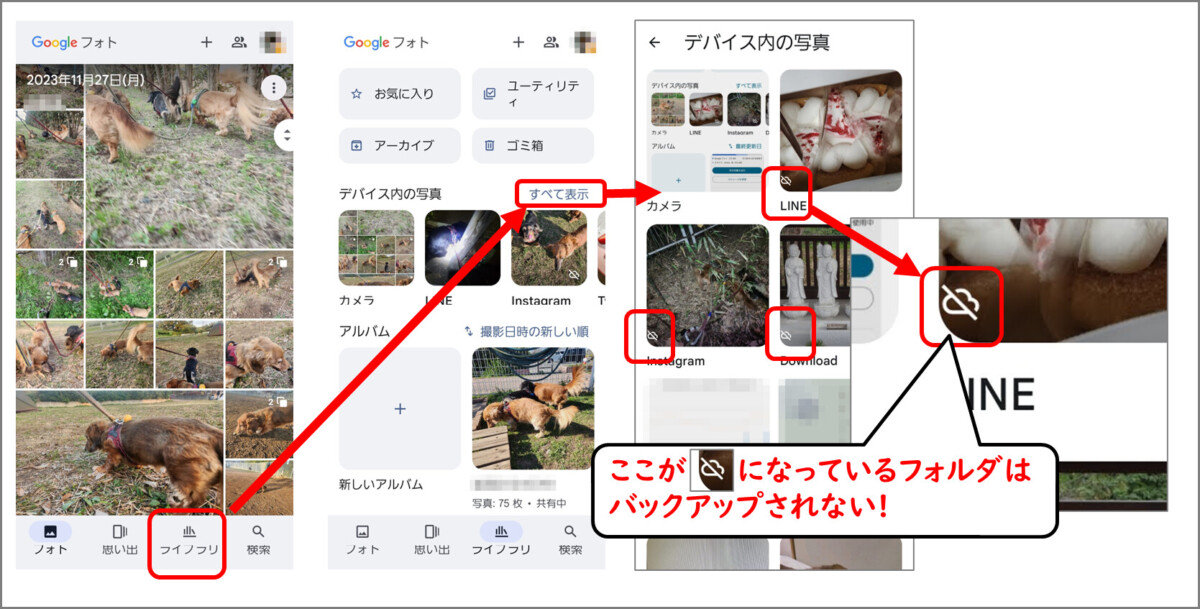 Googleフォト
ライブラリ
デバイス内の写真　すべて表示
白い雲に斜線がついたマークがあるフォルダはバックアップされない