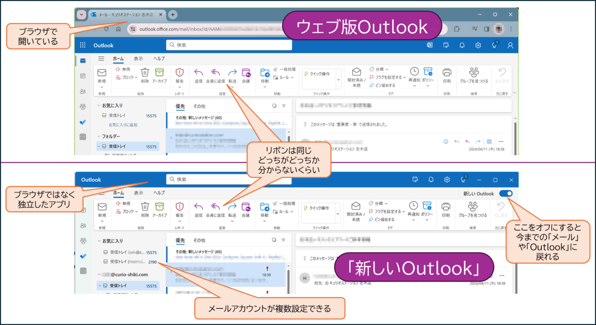 ウェブ版Outlookと、「新しいOutlook」の比較 ウェブ版はブラウザで開き、メールアカウントは一つ。新しいOutlookは、複数のアカウントを設定でき、元のメールやOutlookに戻れるスイッチがある。リボンはどちらも同じで、どちらか分からないくらい