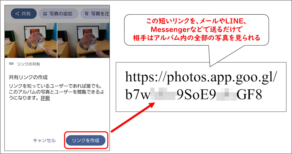 Googleフォトのアルバム内
「リンクを作成」をタップ
https://photos.app.goo.gl で始まるこの短いリンクを、メールやLINE、Messengerなどで送るだけで
相手はアルバム内の全部の写真を見られる
