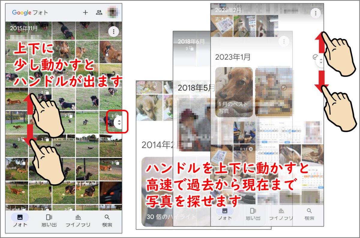 上下に少し動かすとハンドルが出ます。
ハンドルを引くと、高速で過去から現在まで写真を探せます