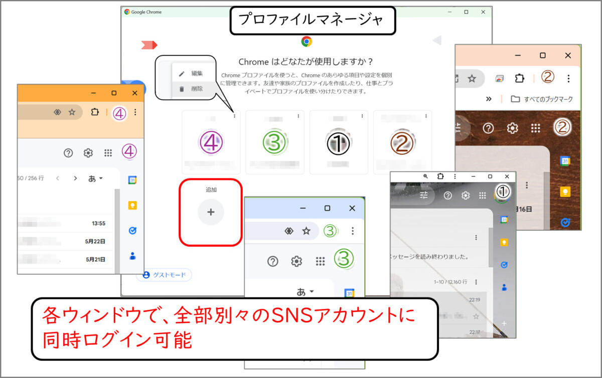 プロファイルマネージャ 右上のメニューボタンからアカウントを編集・削除
各プロファイルを起動
各ウィンドウで、全部別々のSNSアカウントに同時ログイン可能