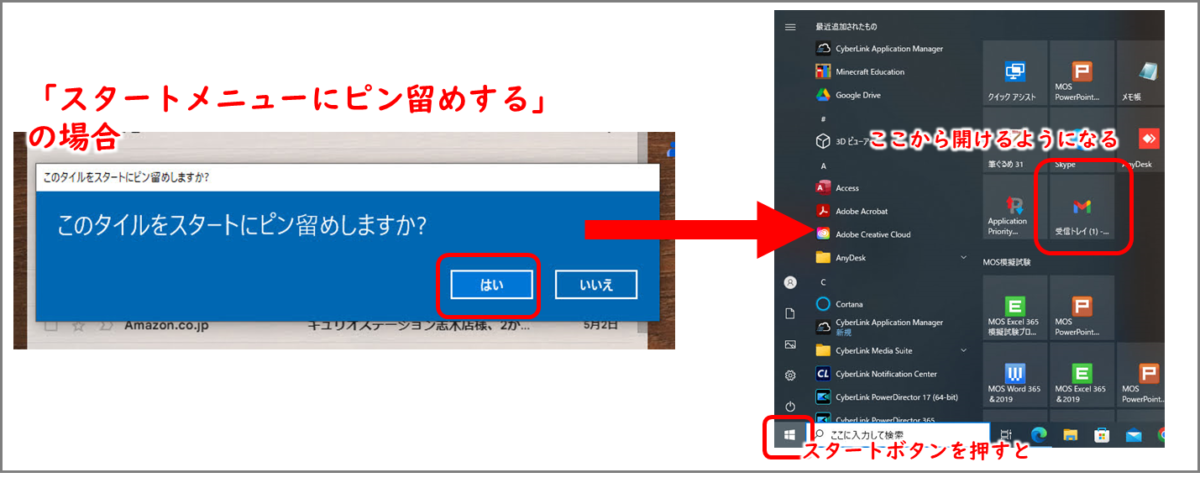 このタイルをスタートにピン留めしますか? はい
スタートメニューにGmailがピン留めされる