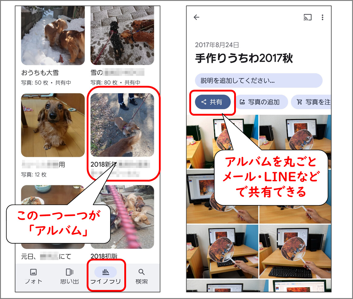 「ライブラリ」タブの中にアルバムが並ぶ
アルバムの中にたくさんの写真
共有ボタンからまとめて共有できる
