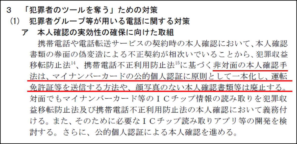 「犯罪者のツールを奪う」ための対策
携帯電話や電話転送サービスの契約時の本人確認において、本人確認書類の券面の偽変造による不正契約が相次いでいることから、犯罪収益移転防止法14、携帯電話不正利用防止法15に基づく非対面の本人確認手法は、マイナンバーカードの公的個人認証に原則として一本化し、運転免許証等を送信する方法や、顔写真のない本人確認書類等は廃止する。対面でもマイナンバーカード等のICチップ情報の読み取りを犯罪収益移転防止法及び携帯電話不正利用防止法の本人確認において義務付ける。また、そのために必要なICチップ読み取りアプリ等の開発を検討する。さらに、公的個人認証による本人確認を進める。
