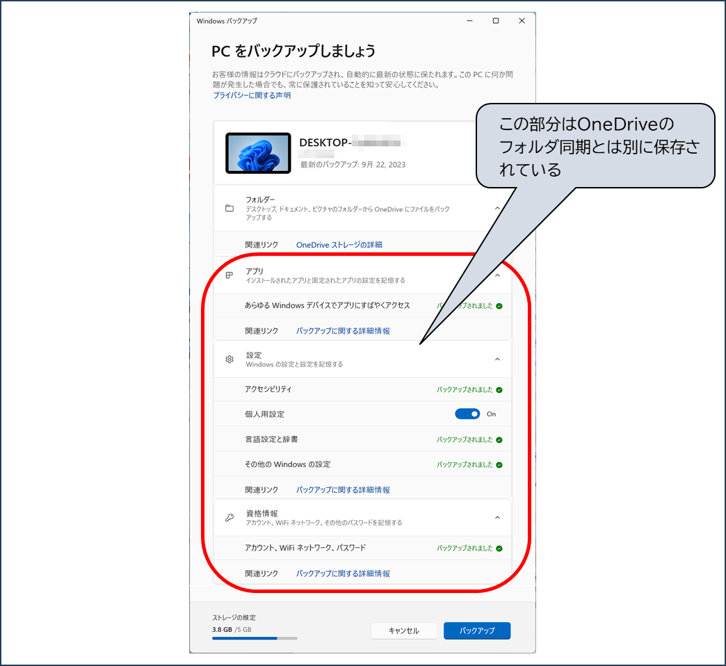Windowsバックアップ
アプリ
設定
資格情報
この部分はOneDriveのフォルダ同期とは別に保存されている