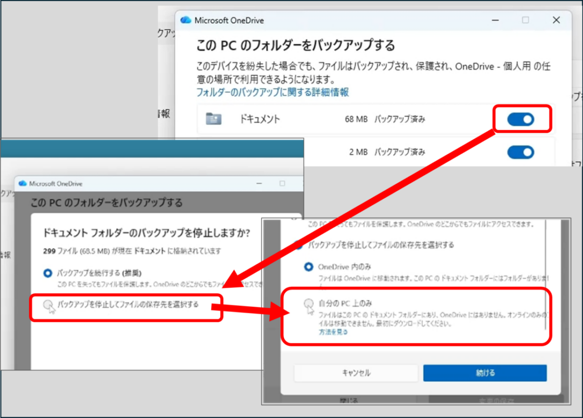 ドキュメントの横のバックアップのスイッチをクリック
ドキュメントフォルダのバックアップを停止しますか?
バックアップを停止してファイルの保存先を選択する
自分のPC上のみをクリック