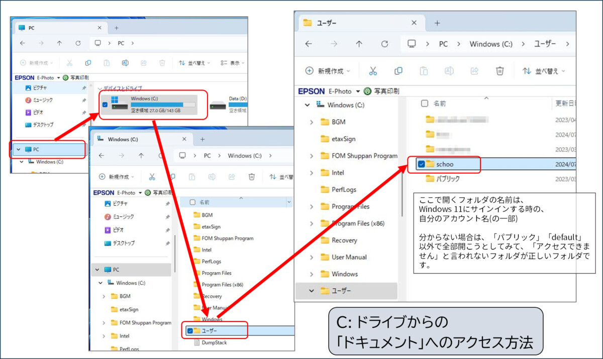 PC
Windows(C:)
ユーザー
自分のアカウント名のフォルダ