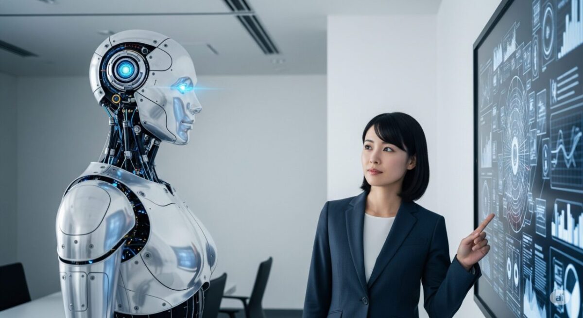女性が、会議室で、AIエージェントと一緒に、デジタル黒板に表示されたデータを入念に確認している。