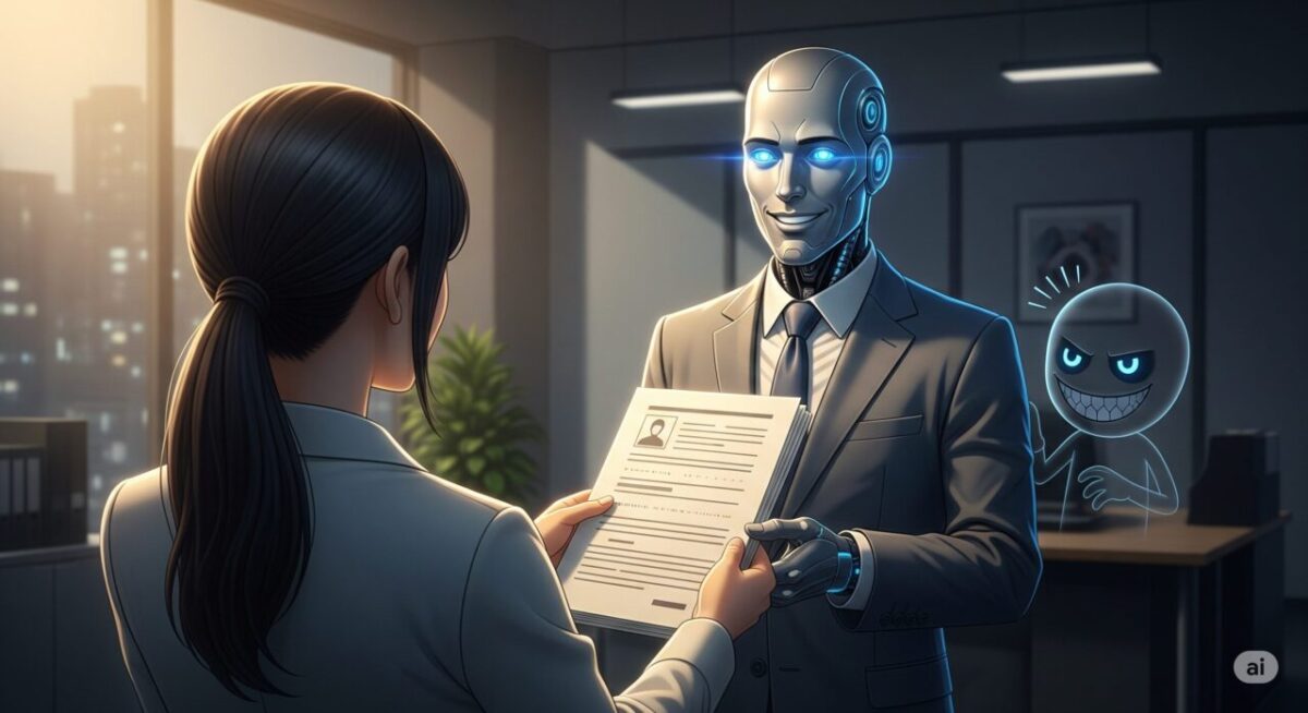 AIエージェントに、女性が自分の個人情報の分厚いファイルを渡し、仕事を依頼している。AIエージェントは、にっこりと微笑み、自信をもっておまかせくださいという表情をしている。そのAIエージェントのわきから、不敵な笑みを浮かべた詐欺師が近寄り、AIエージェントをだまして、女性の個人情報を渡してもらおうと策を練るような表情をしている。