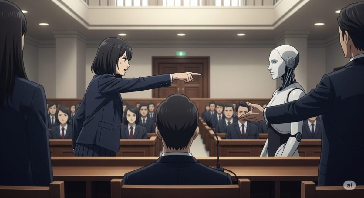 裁判の法廷、被告席には日本人女性がおり、座っていたが立ち上がって傍聴席にいるAIエージェントを指差している。あなたがここに座るべきだという表情をしている。
女性は裁判所の職員から、席に座るように促されている。
AIエージェントは指差されて立ち上がったが、表情を変えずただ女性の方を見ている。
