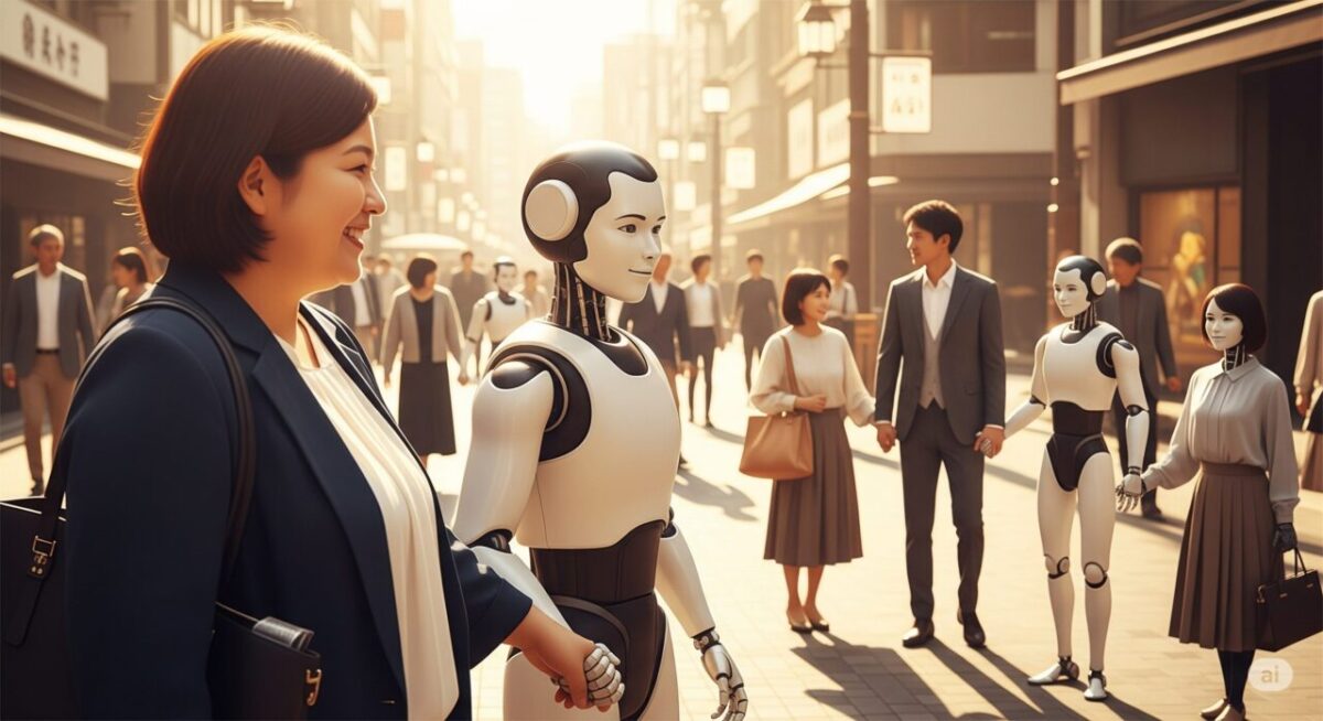 多くの人々と、多くのAIエージェントが手を取り合って街を歩いている。人々もAIエージェントも笑顔で、人間とAIの共生を象徴する。AIエージェントにはそれぞれ人がついており、何人かのエージェントが人の指示をうかがう目線を送っている。