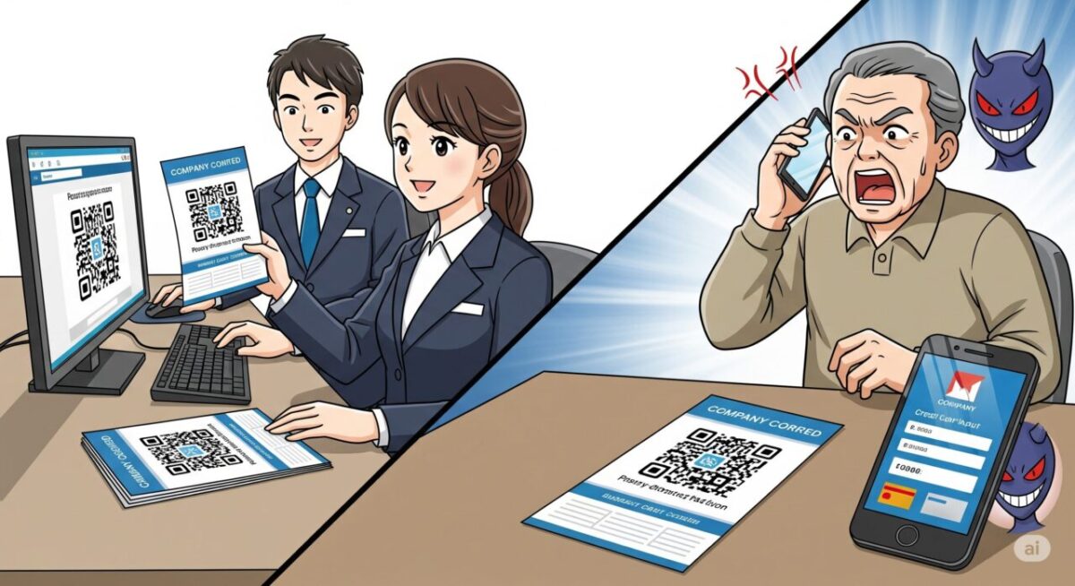会社の社内パソコンを操作してQRコード生成サイトを開き、サイト上でQRコードを生成している会社員。手には、その生成したQRコードが掲載されたチラシを持って、これでよし、と満足げな表情をしている。右半分は、一般顧客が怒って電話している姿。顧客のそばの机の上には、会社員が持っていたのと同じチラシと、スマートフォンが並べて置いてある。スマートフォンの画面には、チラシに使われているのと同じ会社のロゴと、クレジットカード入力画面が表示されている。画面のすみに、詐欺師がニヤニヤ笑っているような姿がうつっている。