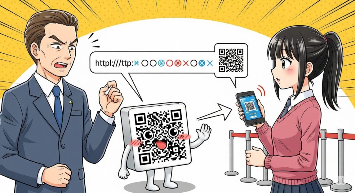 会社員の男性が、QRコードに何かのURLを伝える。URLは実在しないことがわかるように、中に○や×を入れてください。QRコードはそれを聞いて、若い女性に伝える。若い女性はスマホを持っており、QRコードを読み取っている。