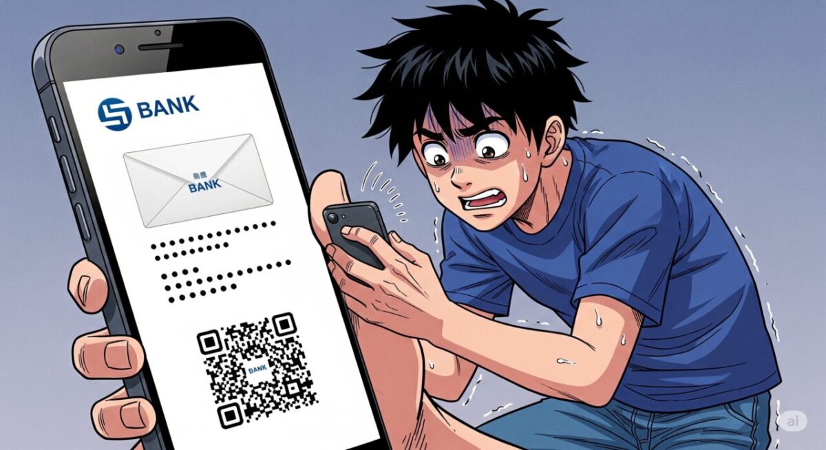 若い男性が持っているスマホの画面はメール受信画面、銀行のロゴがついているメールを開いている。メール内にQRコードが送信されてきている。メールの内容はとても深刻な警告文になっており、それを読んだ男性は深刻な表情で、あわててスマホを操作しようとしている。