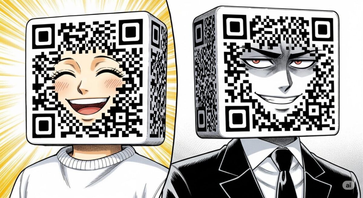 QRコードは擬人化されており、ひとつは「良いQRコード」で、親切そうな雰囲気の人。ひとつは「悪いQRコード」で、きちんとした身なりだが裏で悪いことを考えている顔。