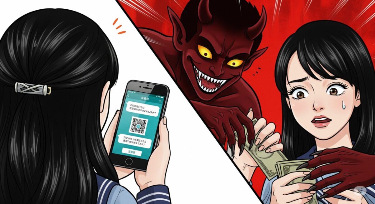 若い日本人女性がスマホを持っている後ろ姿、スマホの画面はチャットアプリ、誰かとチャットしている。その会話の最後にQRコードが送ってきている。
同じ日本人女性の手からお金が、見るからに悪そうな悪魔に吸い取られている。悪魔はニタニタ笑っており、女性は逃げていくお金を必死で取り戻そうとしながら、ポロリと涙を流している。