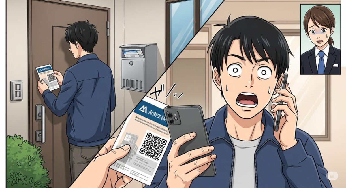 左半分は、マンション住民の男性がマンションの集合ポストをあけ、中から出てきたチラシを見ている。チラシにはマンション運営会社のロゴが入っていて、QRコードが印刷されている。右半分は、同じ男性がマンション管理会社と携帯電話で電話している。男性は困った憔悴しきった顔をしており、電話の相手の管理会社の社員が困って憔悴した顔をしている様子がうつっている。