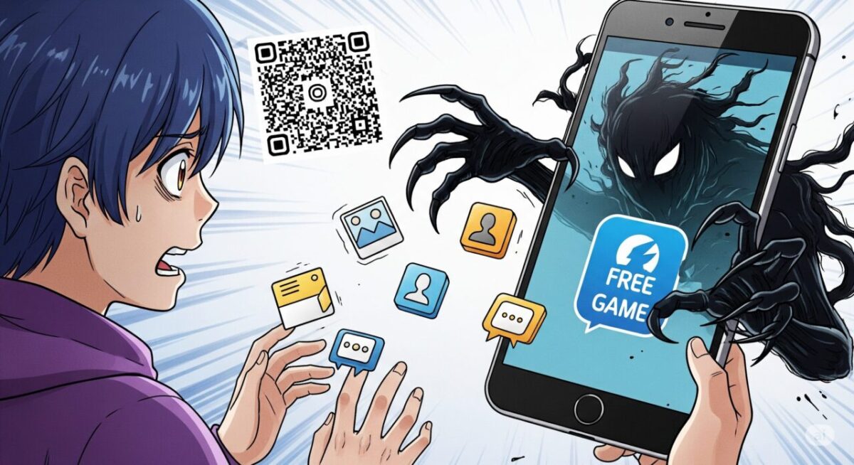 スマホで「無料ゲーム」などのアプリをインストールすると、背後に悪魔がひそんでいるようす