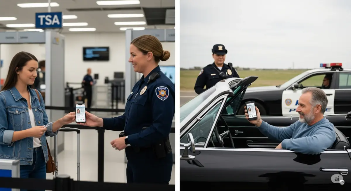 アメリカの空港や高速道路で、iPhoneを身分証として提示しているイメージ