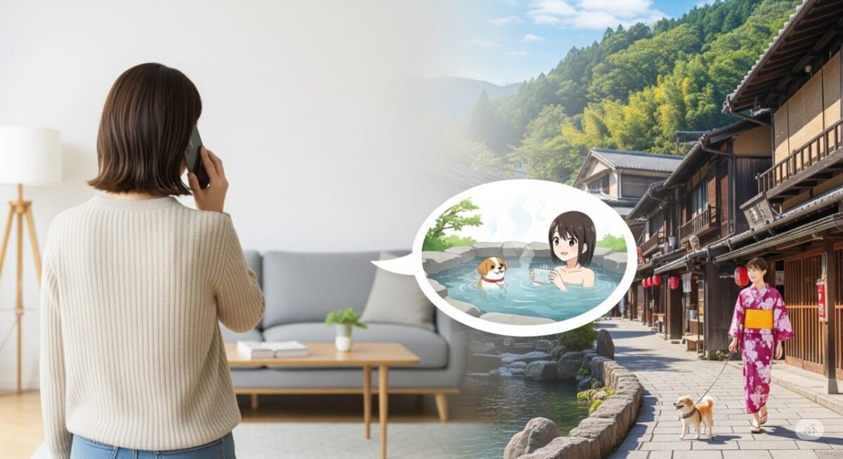 女性がリビングルームでスマートフォンに語り掛けている。「ペットと一緒に温泉に行きたい」と語り掛けている。女性のわきの吹き出しの中のイラスト、ペットと女性がお風呂に入っているイラスト。スマートフォンを持つ女性の向こうには、実際の温泉地の情景が広がり、浴衣姿の女性が犬を連れて楽しそうに歩いている。こちら側のリビングルームと、向こう側の温泉地がシームレスにつながっており、AIエージェントが自動的にペットと一緒に温泉に入る旅行を計画してくれたことを連想させる。