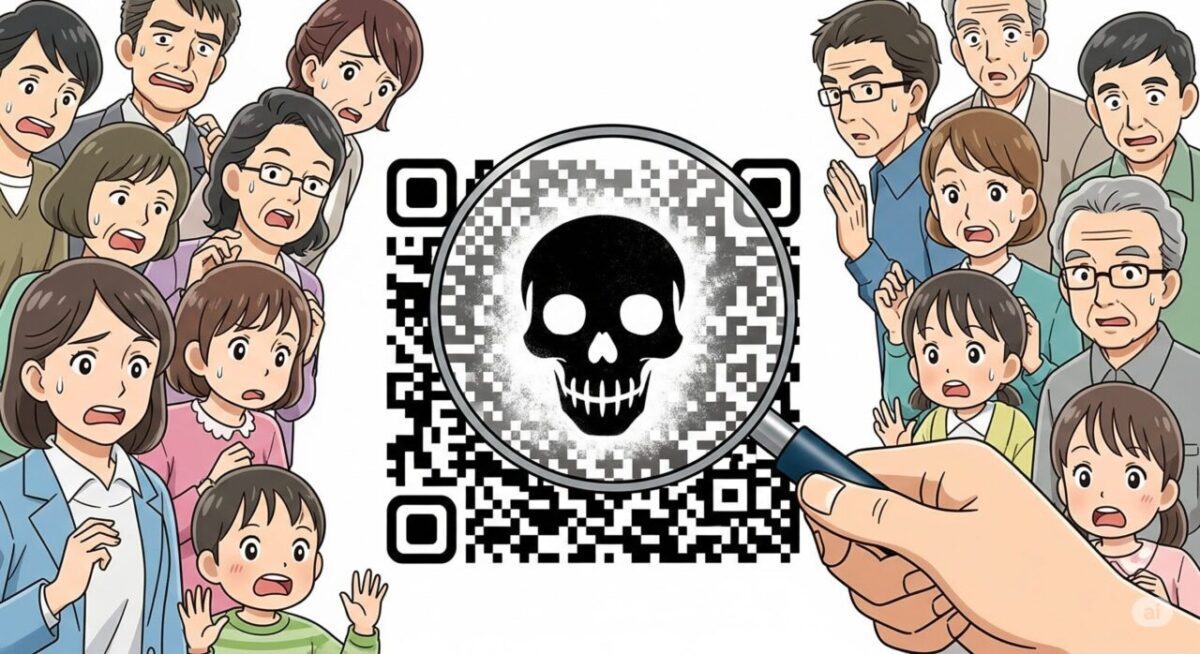 虫眼鏡でQRコードを覗くと、ドクロマークが見える、その周りに、若者や中年、高齢者など、多くの人がいて、覗き込んで、怖い、という表情をしている。