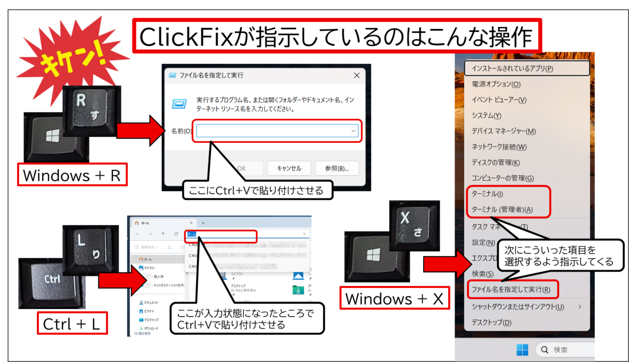 キケン!ClickFixが指示しているのはこんな操作 Windows+R ファイル名を指定して実行のウィンドウが開き、ここにCtrl+Vで貼り付けさせる Windows+X 技術者向けメニューが開き、「ターミナル」「ターミナル(管理者)」「ファイル名を指定して実行」などを開かせる Ctrl+L エクスプローラーのアドレスバーが入力可能になり、Ctrl+Vで貼り付けさせる