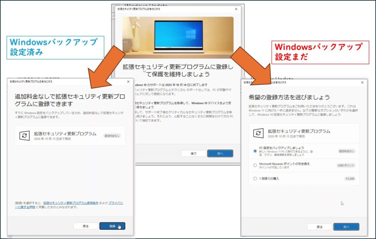Windowsバックアップ設定済み/未設定で、少しだけ画面が違います