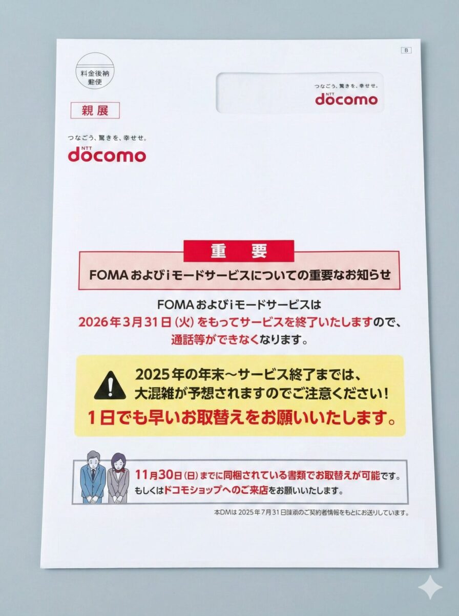 ドコモからのFOMA終了のお知らせ郵便物サンプル
重要
FOMAおよびiモードサービスについての重要なお知らせ
FOMAおよびiモードサービスは
2026年3月31日(火)をもってサービスを終了いたしますので、
通話等ができなくなります。
2025年の年末~サービス終了までは、
大混雑が予想されますのでご注意ください!
1日でも早いお取替えをお願いいたします。