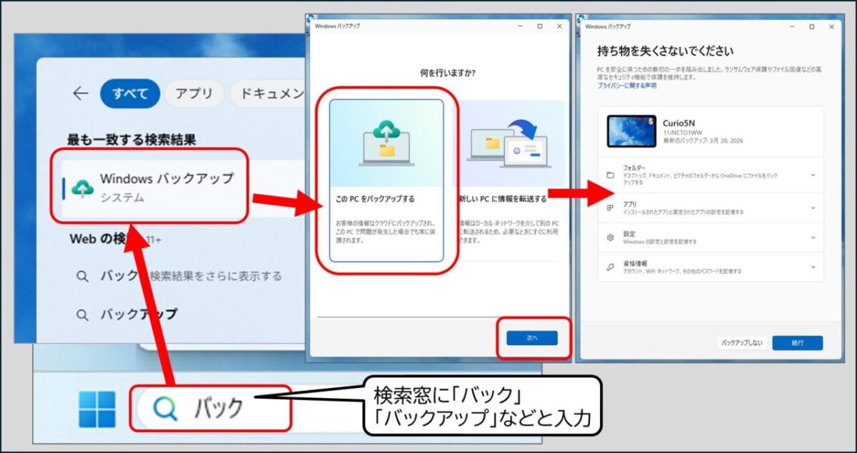 Windowsバックアップアプリを出す方法 スタートボタン横の検索窓に バック バックアップ などと入力 最も一致する検索結果Windowsバックアップアプリ をクリック 何を行いますかの画面 このPCをバックアップする、を選択