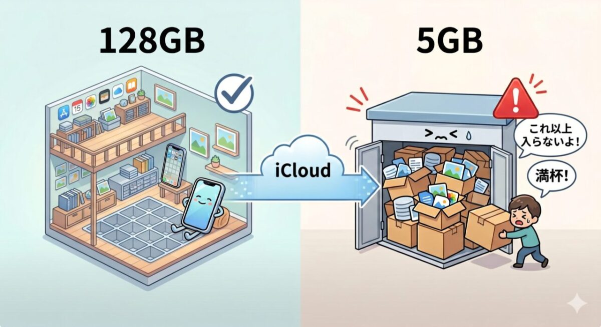 128GBの広い部屋(iPhone本体の容量)と、5GBの狭くて満杯になった倉庫(iCloudの容量)を比較したイラスト。
左側には、2階建てのロフトがある広々とした部屋(128GB)が描かれており、床や棚にはまだ荷物を置くスペースがたっぷり残っています。部屋の中央では、スマホのキャラクターが床に座ってのんびりとくつろいでいます。部屋の上には青い「チェックマーク」が表示されています。
中央には「iCloud」と書かれた雲のマークがあり、左の広い部屋から右の倉庫へ向かって青い矢印が伸びています。
右側には、小さな物置小屋のような倉庫(5GB)が描かれており、中には「写真」や「データ」が入った段ボール箱や書類が限界までぎゅうぎゅうに詰め込まれ、あふれ出そうになっています。倉庫の屋根の上には、赤く光る「感嘆符(びっくりマーク)の警告アイコン」が表示されており、倉庫の扉の前では、困り顔の男性がさらにもう1つの段ボール箱を押し込もうと苦戦しています。