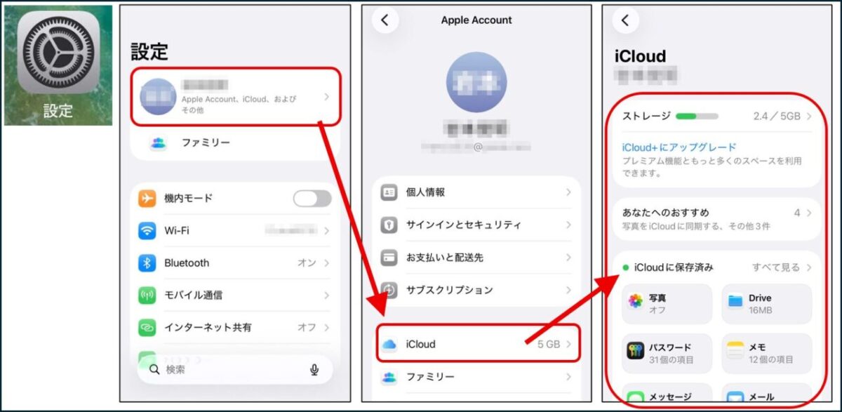 iPhoneの設定画面で、自分の名前、iCloudの順に選択してストレージの使用状況を確認する操作手順。