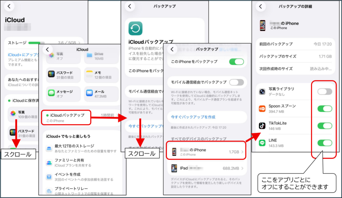 iCloudバックアップの設定から自分の端末を選択し、バックアップの詳細画面でアプリごとにスイッチをオフにする手順。