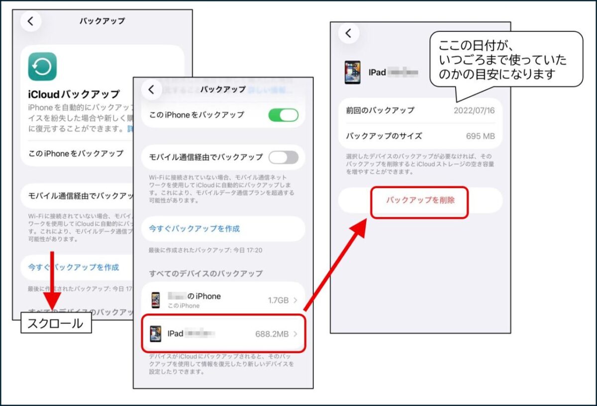 「すべてのデバイスのバックアップ」から古い端末を選択し、最終バックアップ日を確認して「バックアップを削除」する手順の解説。