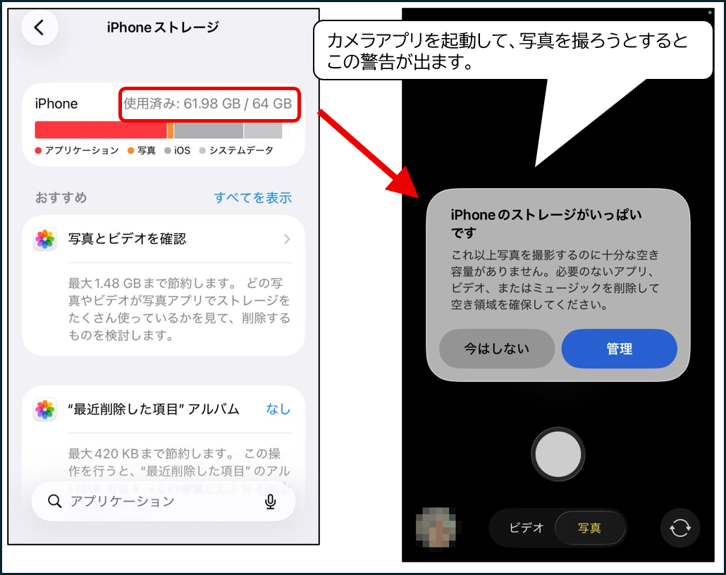 iPhoneストレージがほぼ満杯の時に、カメラアプリで表示される「iPhoneのストレージがいっぱいです」という警告画面。