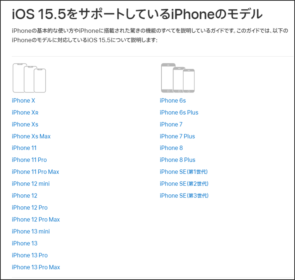 iOS 15.5をサポートしているiPhoneのモデル一覧(iPhone 6s以降、7/8/X/11/12/13シリーズ、SE第1〜3世代など)を表示するAppleサポートページのスクリーンショット