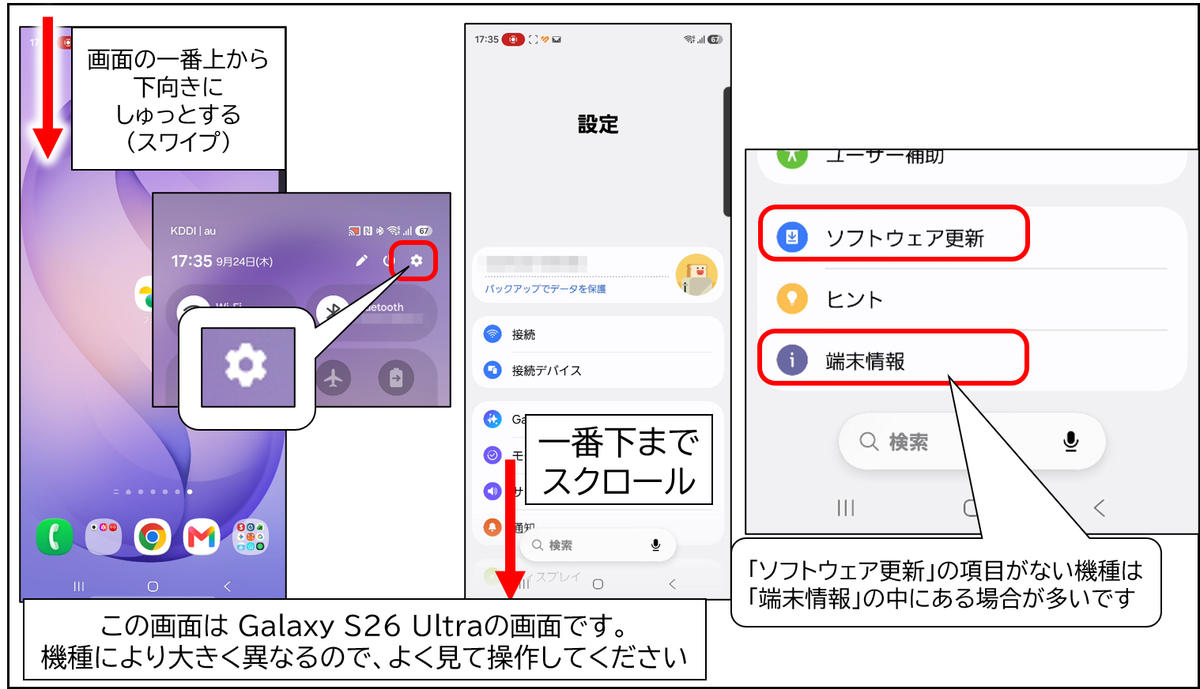 Androidで画面上部からスワイプして設定(歯車アイコン)を開き、一番下までスクロールして「ソフトウェア更新」または「端末情報」を選択する操作手順例