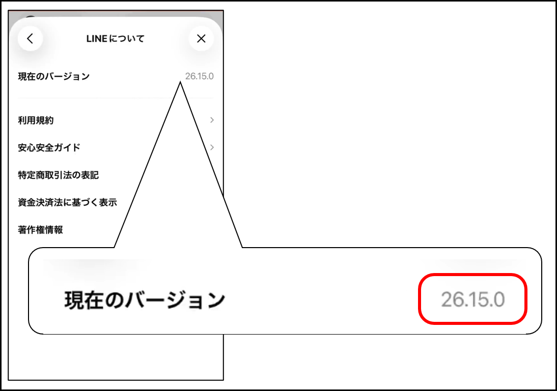 LINEアプリの「LINEについて」画面。「現在のバージョン」の右側にバージョン番号が表示されている様子。
