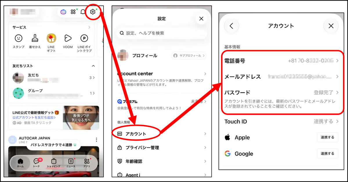 LINEアプリのホーム画面から設定(歯車)アイコン、「アカウント」へと進み、電話番号・メールアドレス・パスワードの登録状況を確認する操作画面の手順